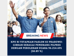 KPU RI TETAPKAN PASLON 02 PRABOWO-GIBRAN SEBAGAI PEMENANG PILPRES 2024 DENGAN PEROLEHAN SUARA 96.214.691 (58,89%)